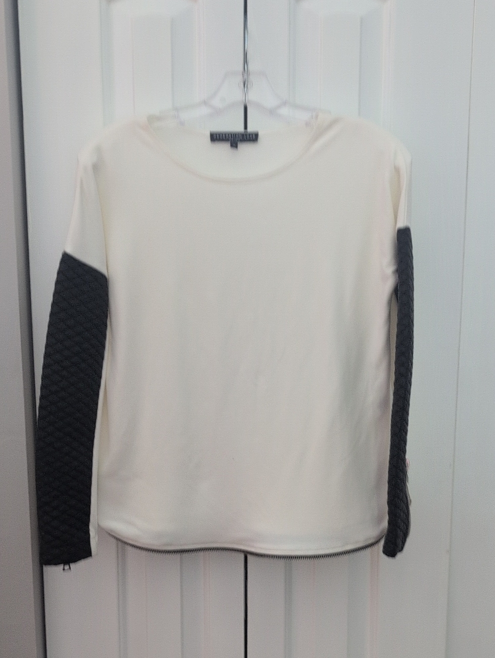 Generation Love Quilted-Sleeve Crewneck Top in Ivory & Charcoal
